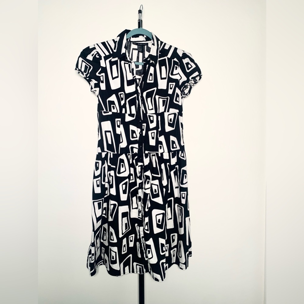 Vintage Mlle Gabrielle 100% Cotton Black/White Abstract Button Front Midi Dress